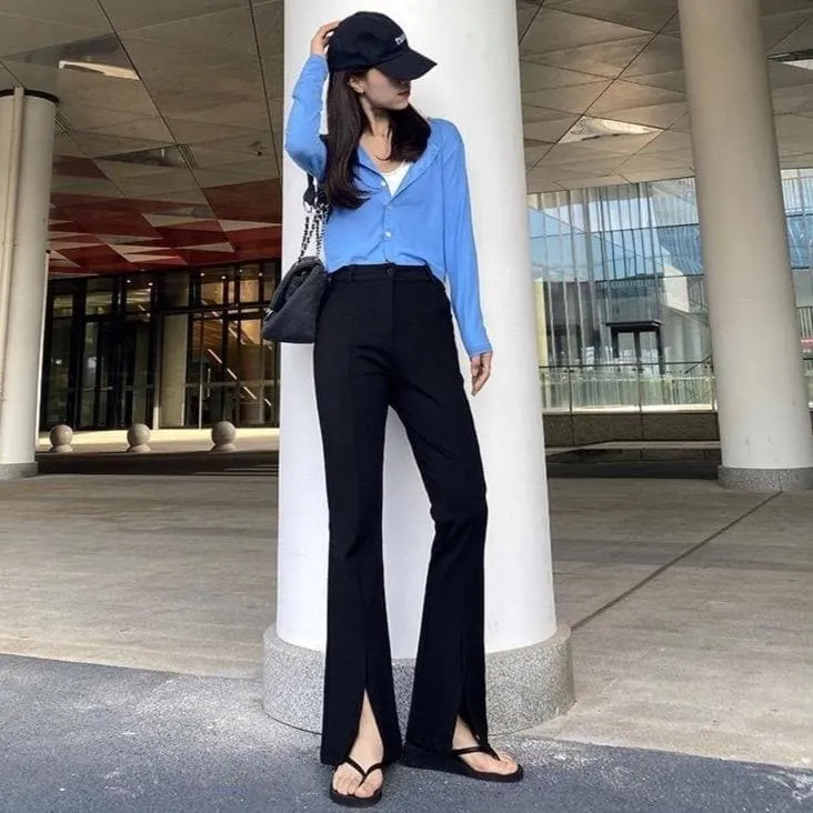 Flared High-Waist Pants With Slit Details