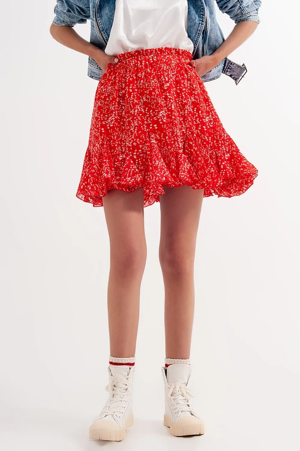 Floral Flounce Co-Ord Mini Skirt in Red