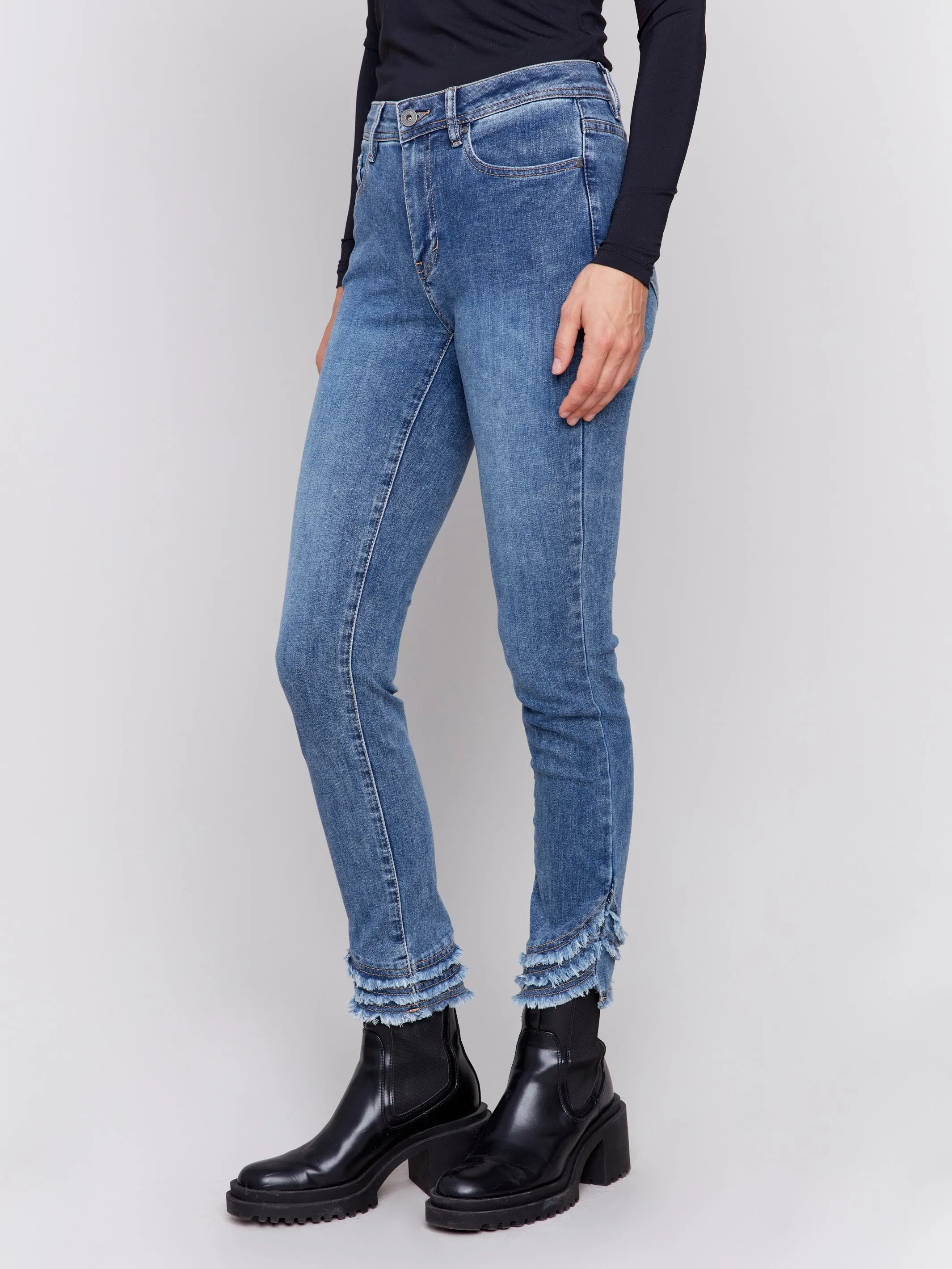 Frayed Hem Denim Pants - Medium Blue