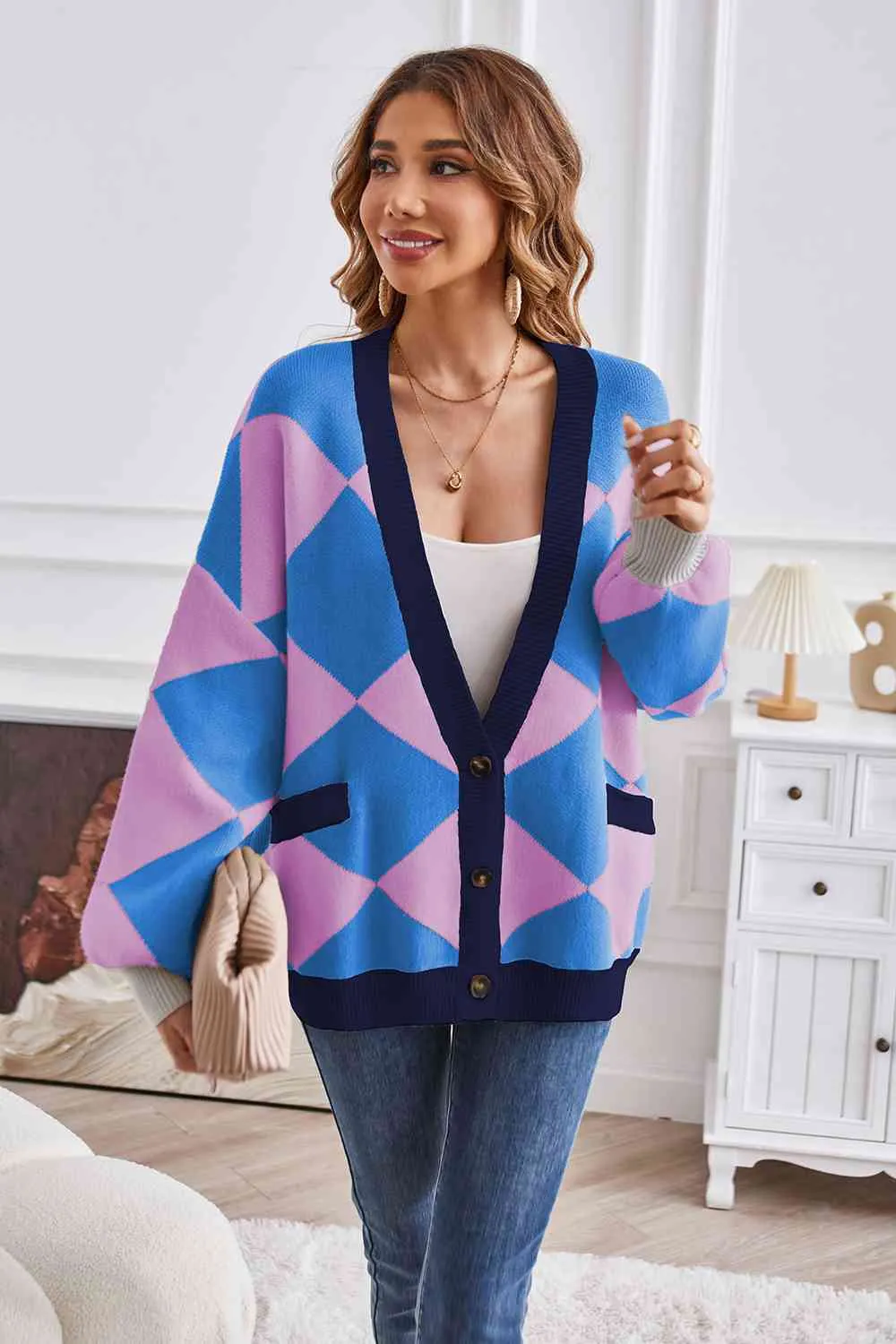 Geometric Lantern Sleeve Cardigan with Pockets