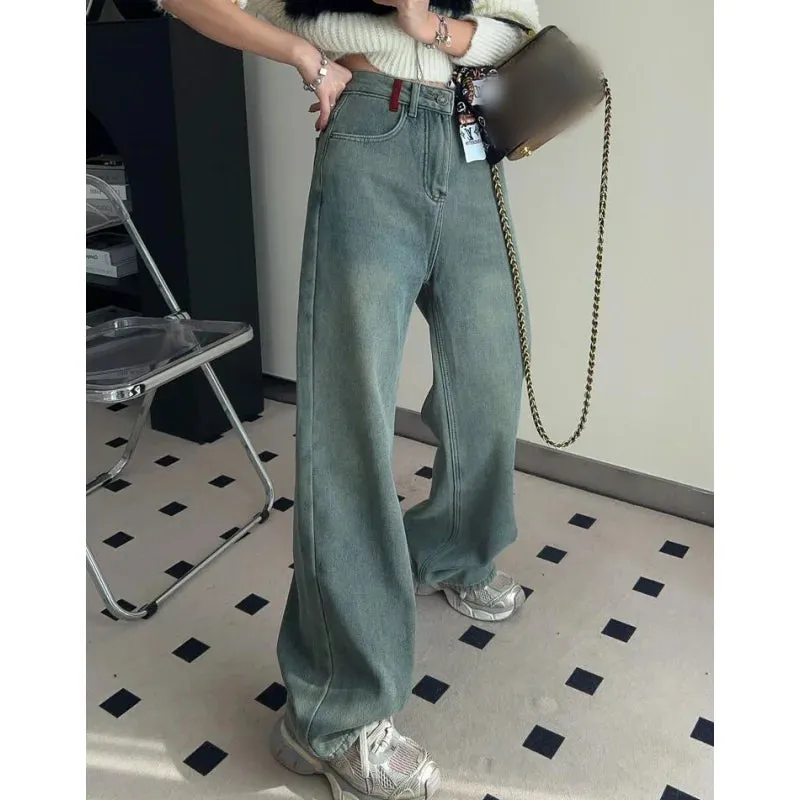 Getadme Blue Vintage Women Jeans American High Quality Embroidery Mop Pants Streetwear Wide Leg Jean Female Trouser 2024 Denim Pants