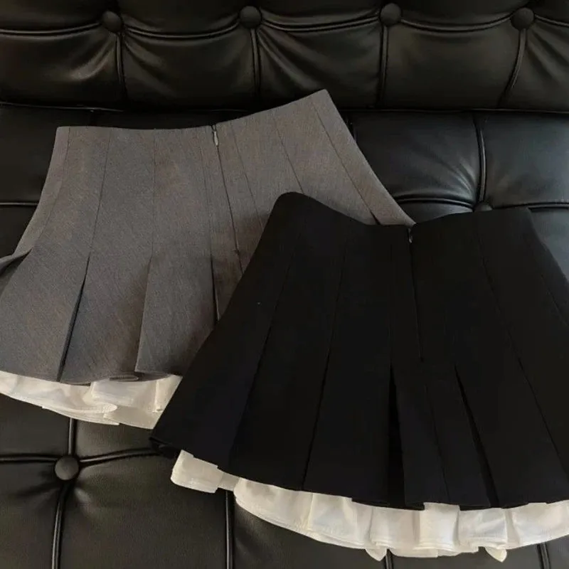 Girlary Y2K Ruffles Black Mini Skirt Women Korean Patchwork Pleated Skirts Japanese Kawaii High Waist All Match A Line Skirt New