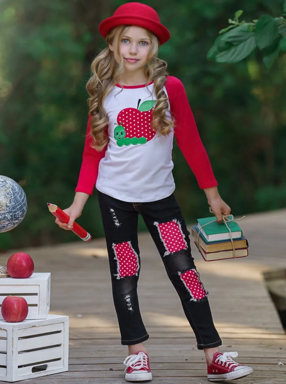 Girls Apple Applique Raglan Sleeve Top and Black Patched Denim Set