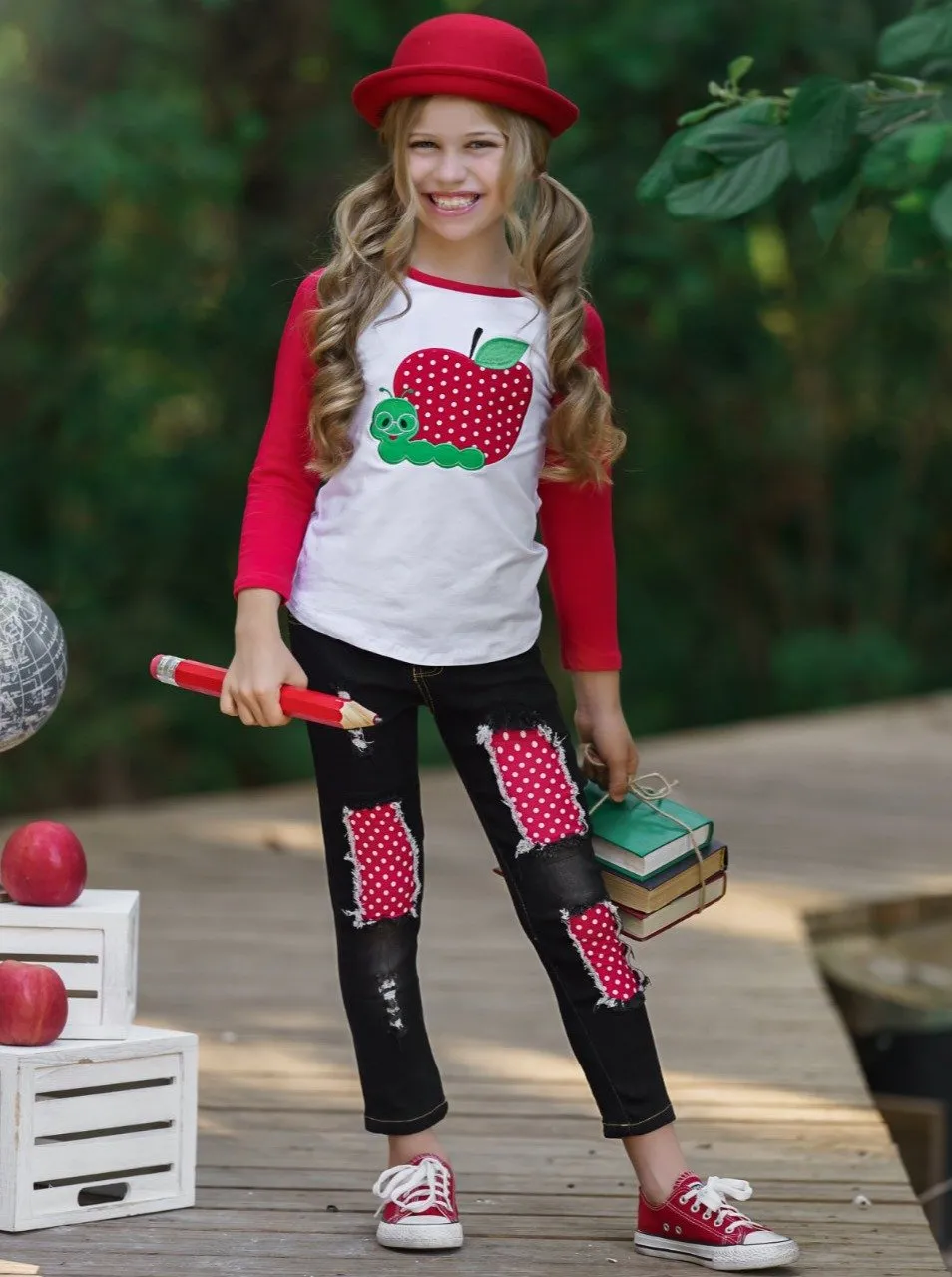 Girls Apple Applique Raglan Sleeve Top and Black Patched Denim Set