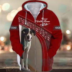 Great Dane Love Red Never Walk Alone 3D Full Print Shirts, Christmas Dog Memorial Gifts for loss of Dog