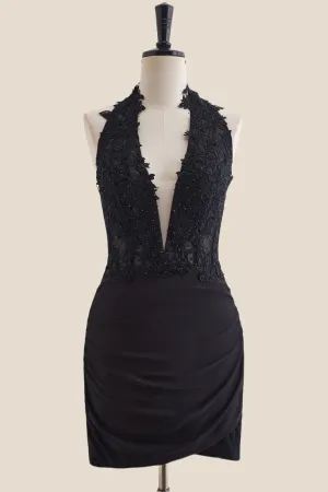 Halter Black Appliques Ruched Bodycon Short Dress