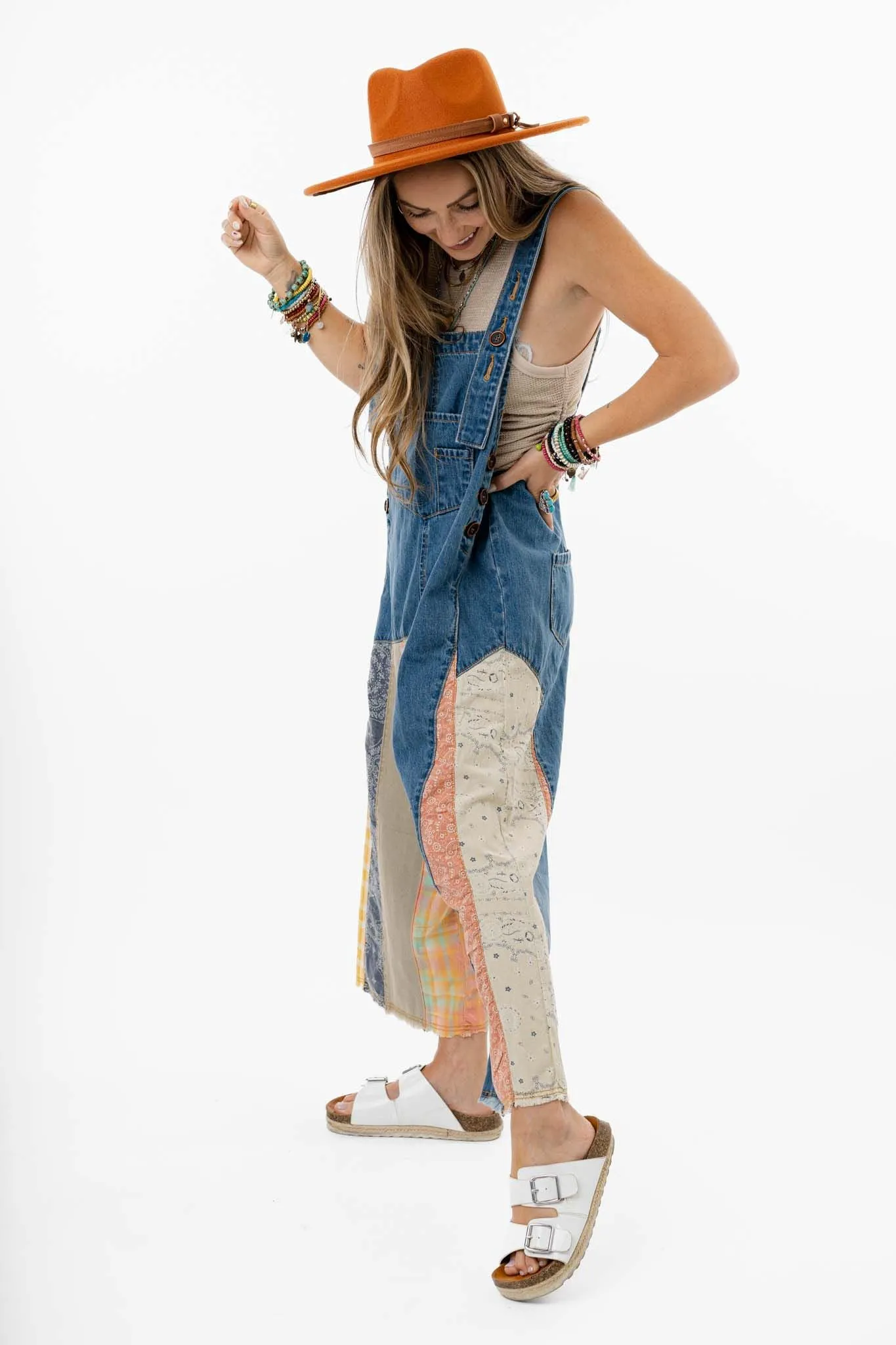 High Hopes Slouchy Denim Overalls - Patchwork