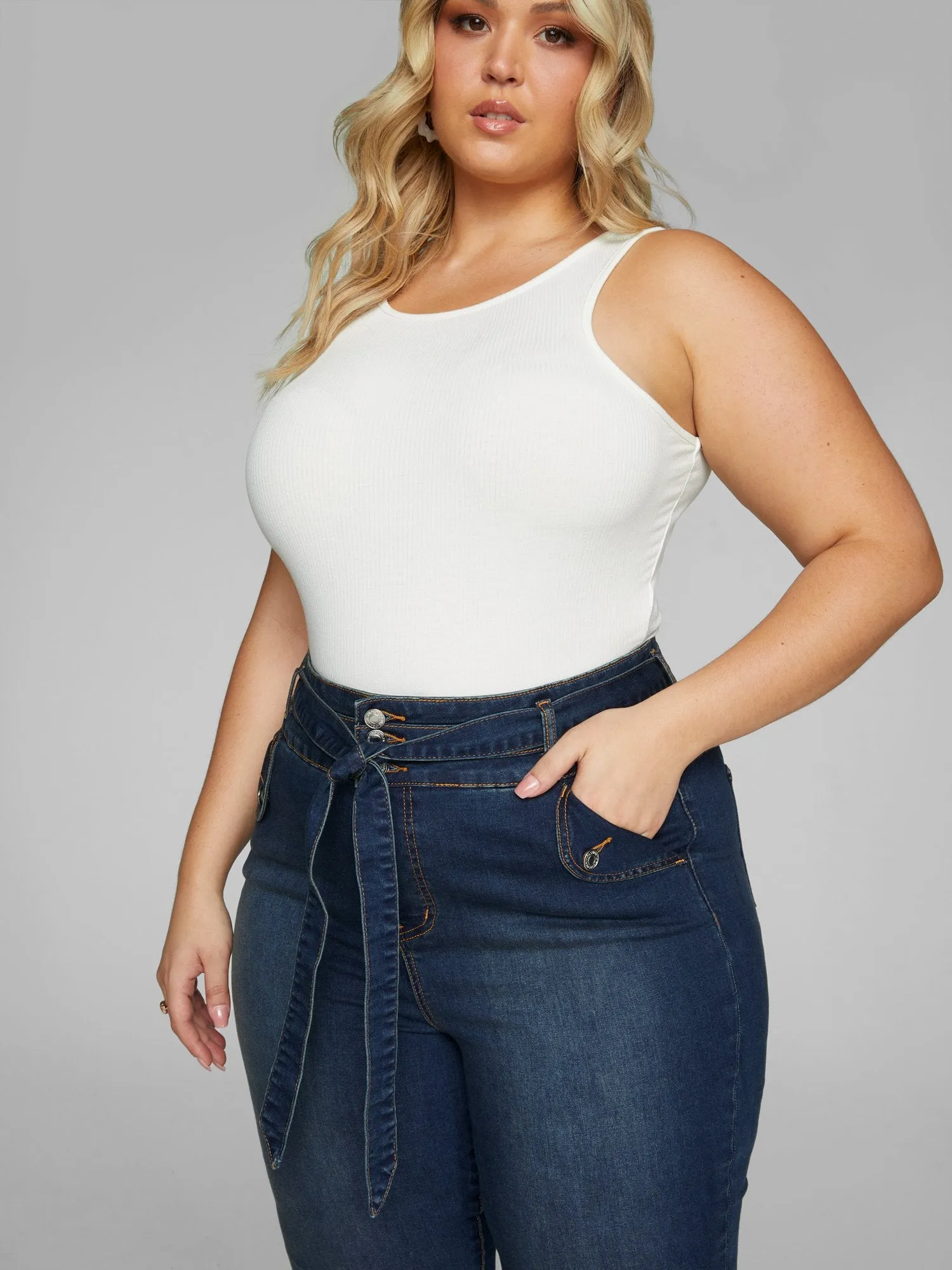 High Rise Tie Waist Flare Leg Jeans