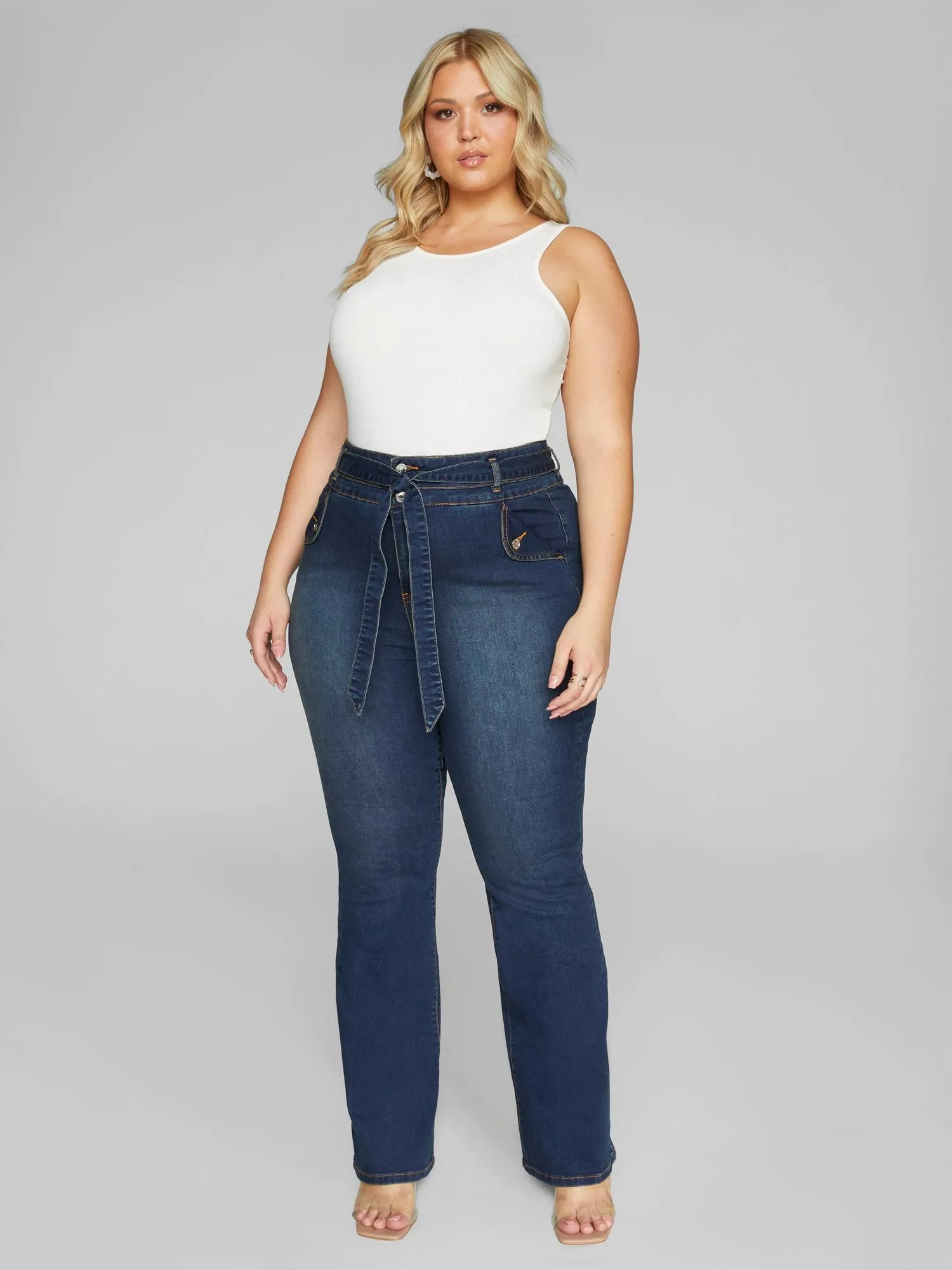 High Rise Tie Waist Flare Leg Jeans