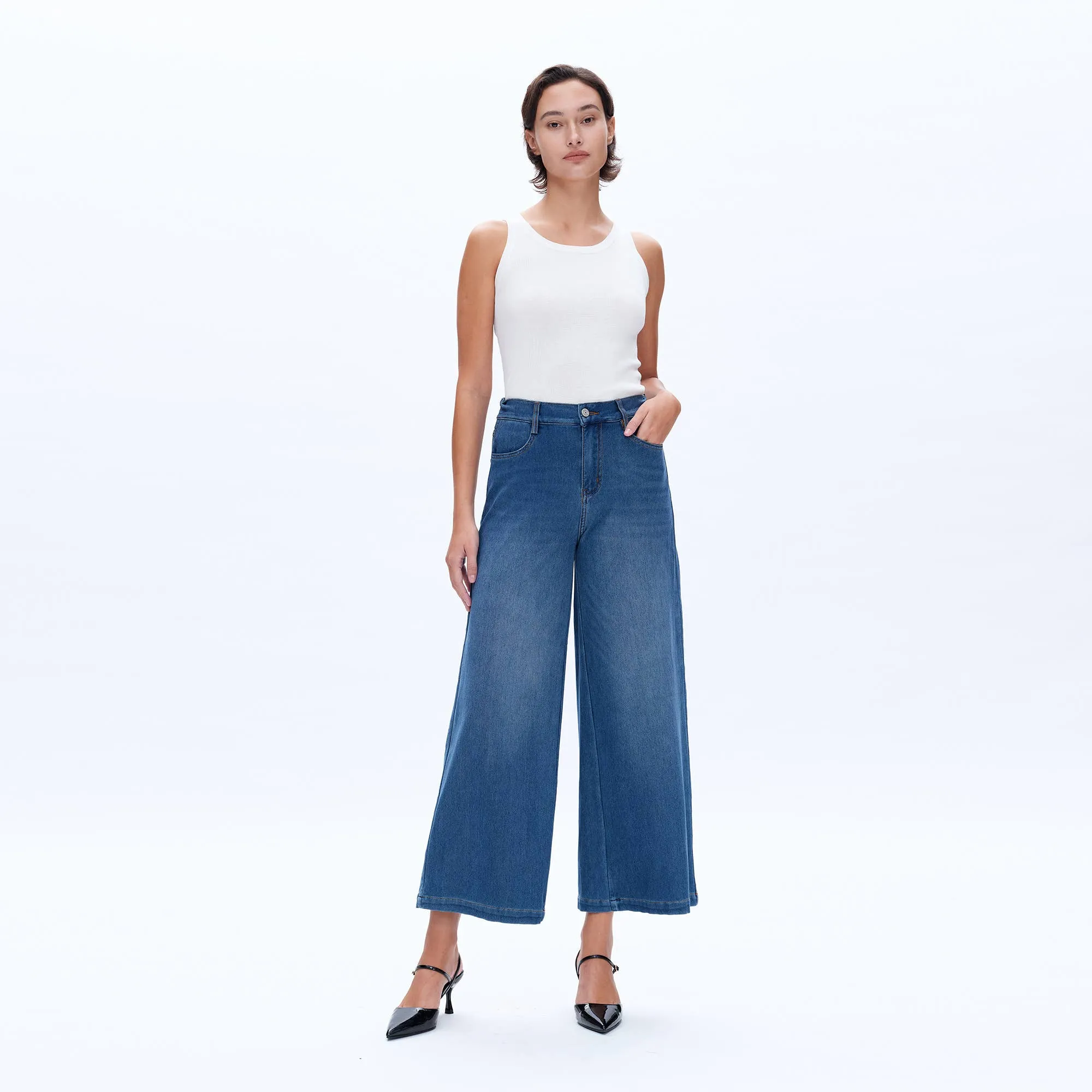 HIGH RISE WIDE LEG FLARE JEANS WITH FINISHED HEM BYW8114