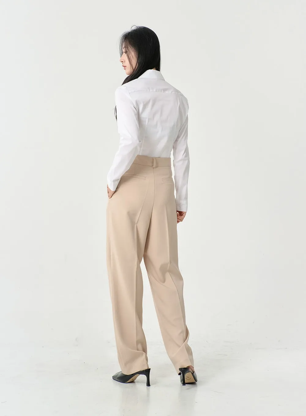 High Waist Pintuck Wide Leg Tailored Pants OS13