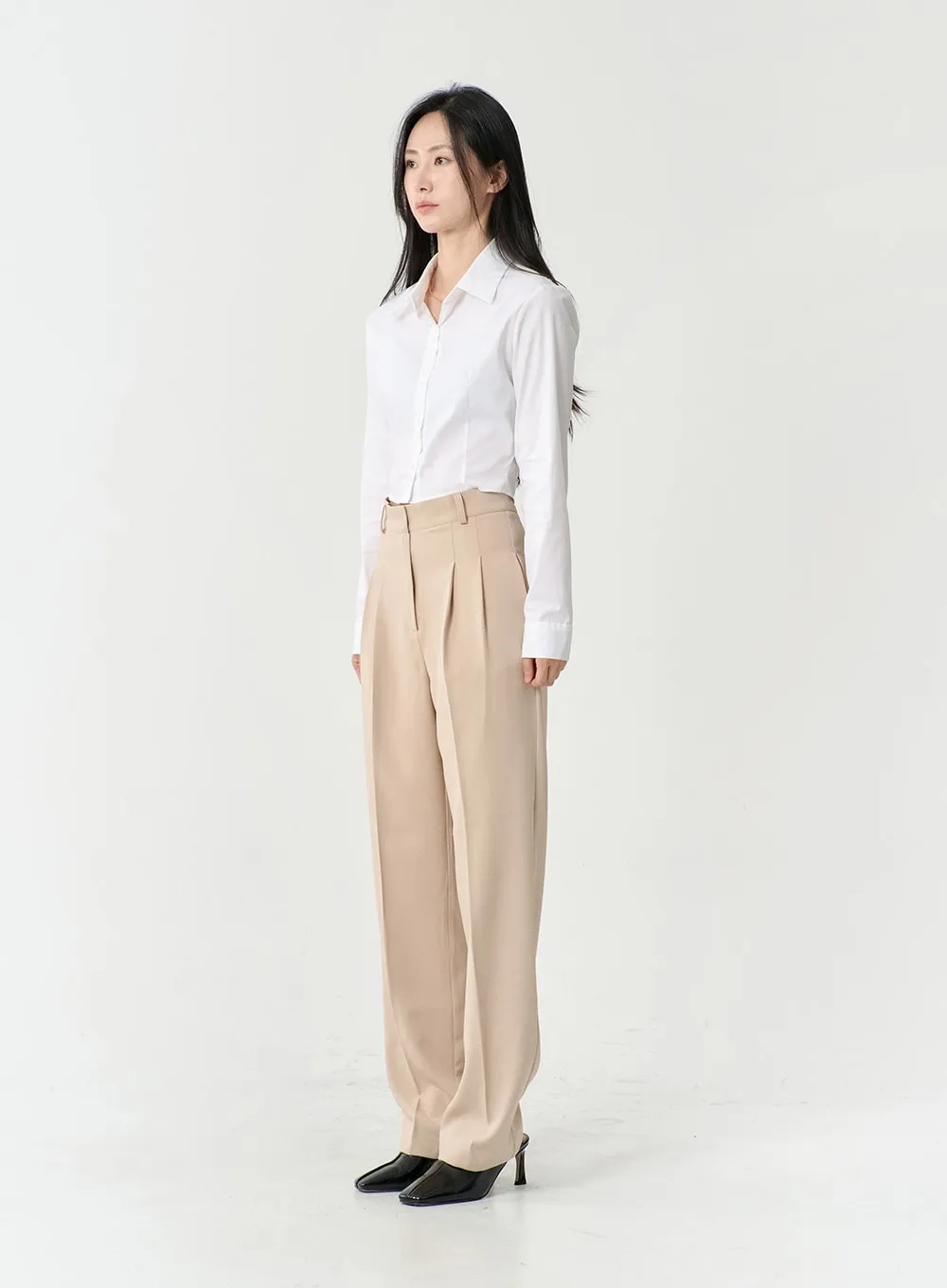 High Waist Pintuck Wide Leg Tailored Pants OS13