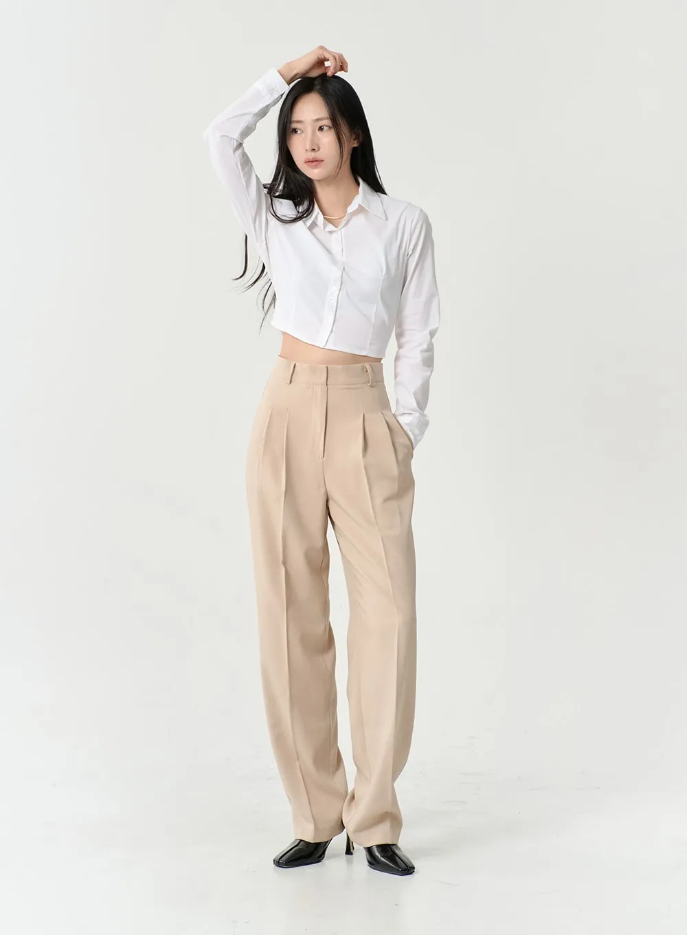 High Waist Pintuck Wide Leg Tailored Pants OS13