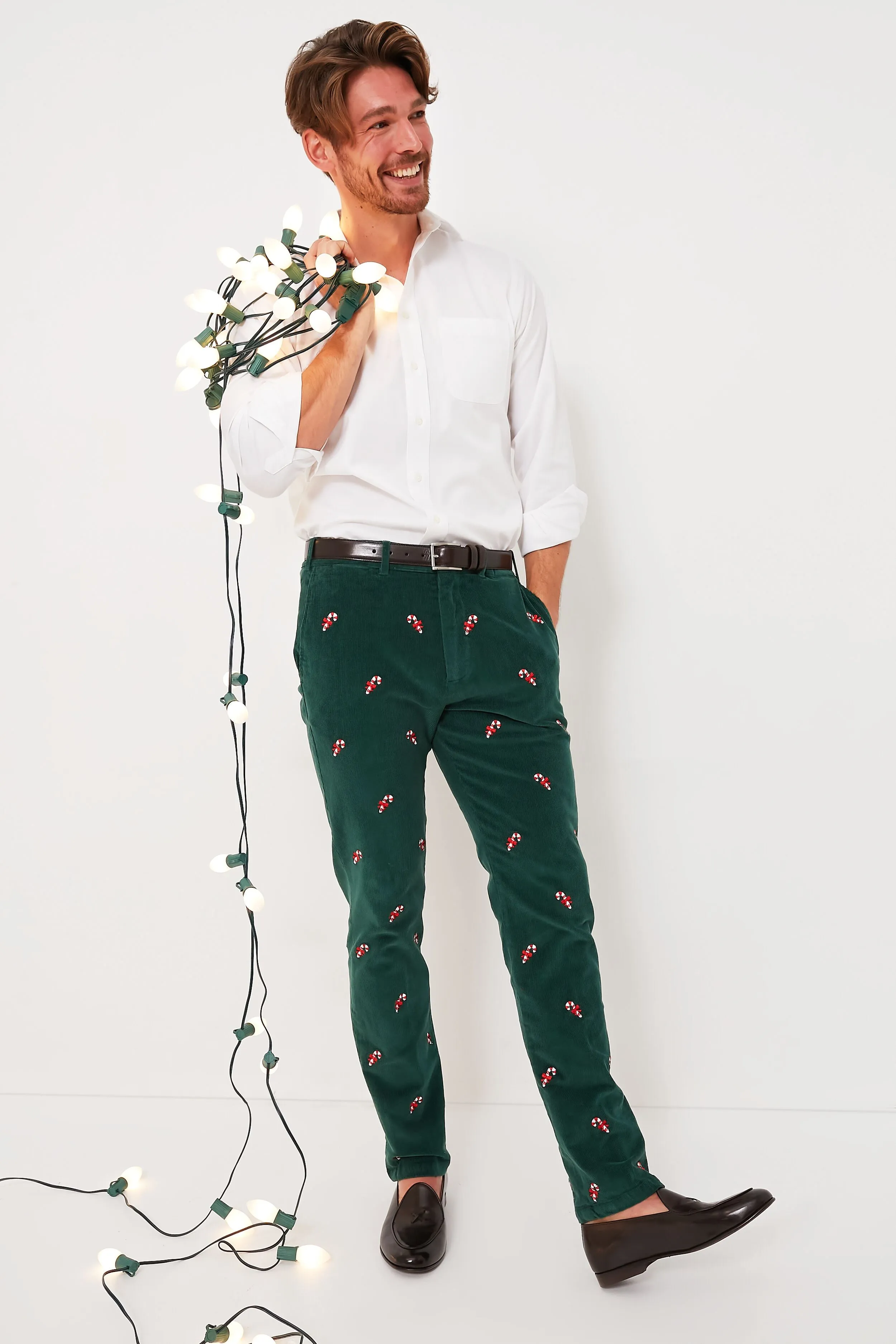 Hunter Green Candy Cane Embroidered Corduroy Pants (34" Inseam)