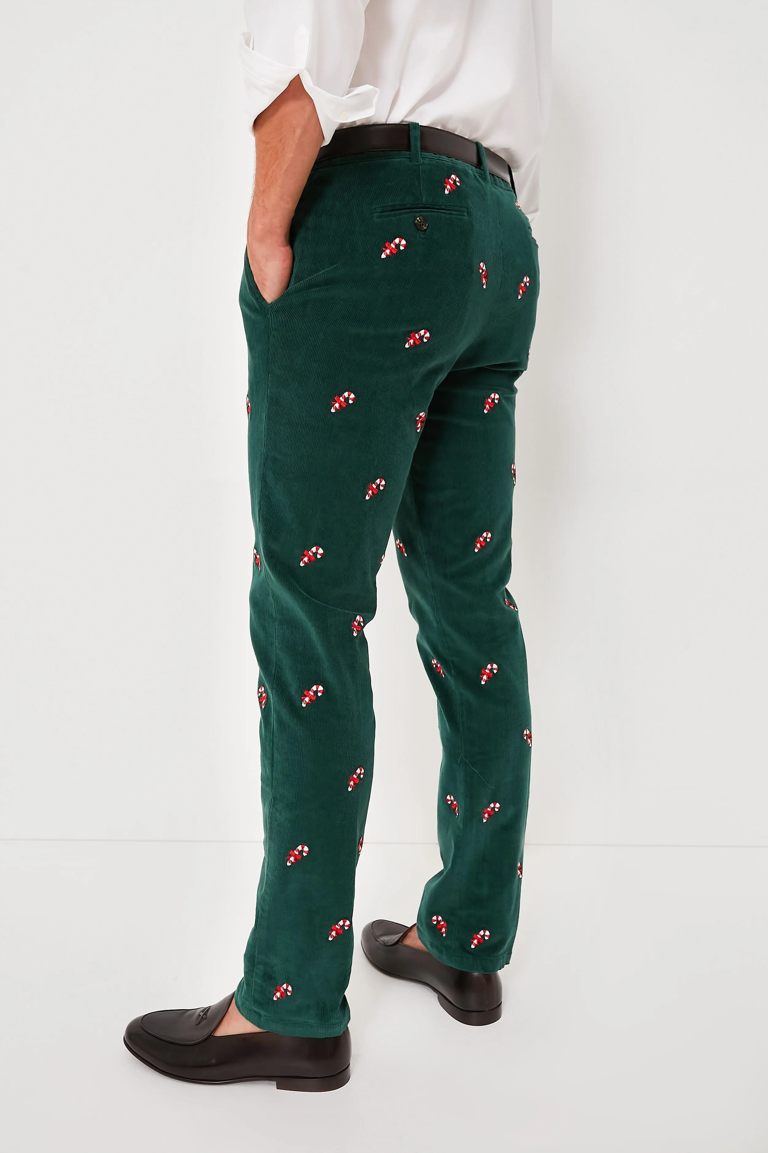 Hunter Green Candy Cane Embroidered Corduroy Pants (34" Inseam)