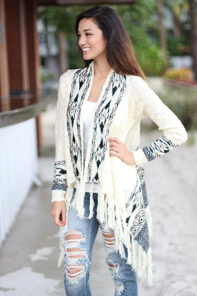 Ivory Aztec Fringe Cardigan