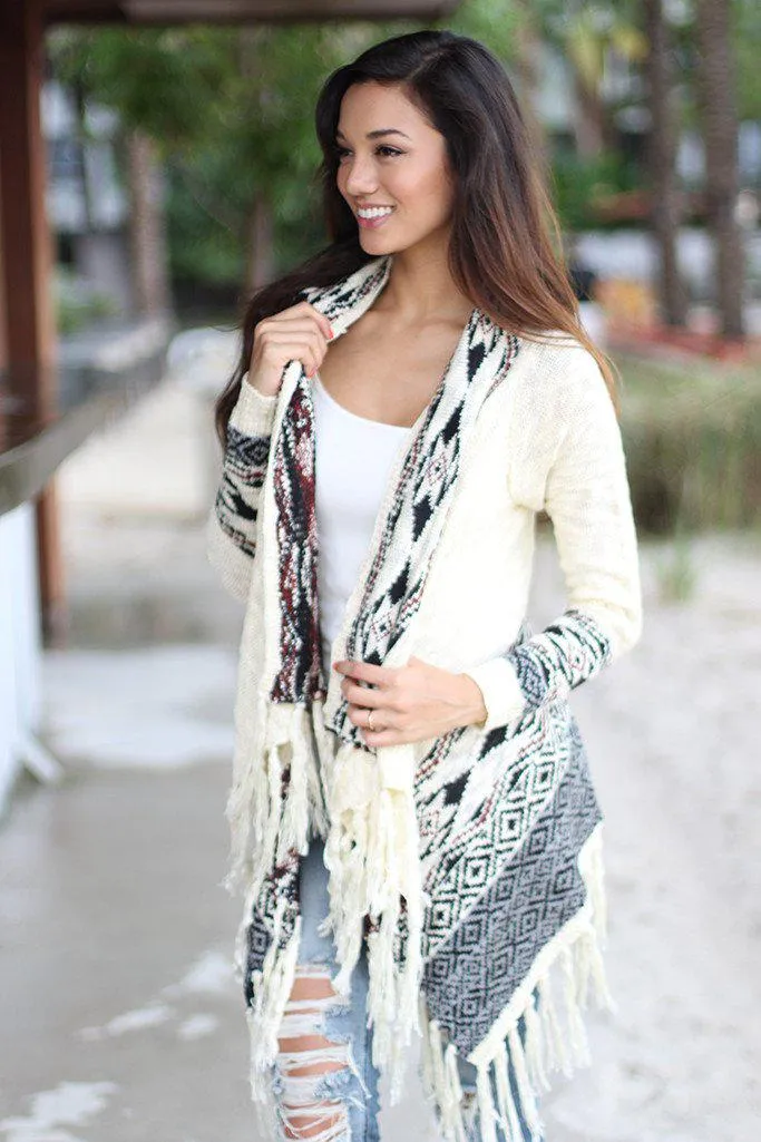 Ivory Aztec Fringe Cardigan