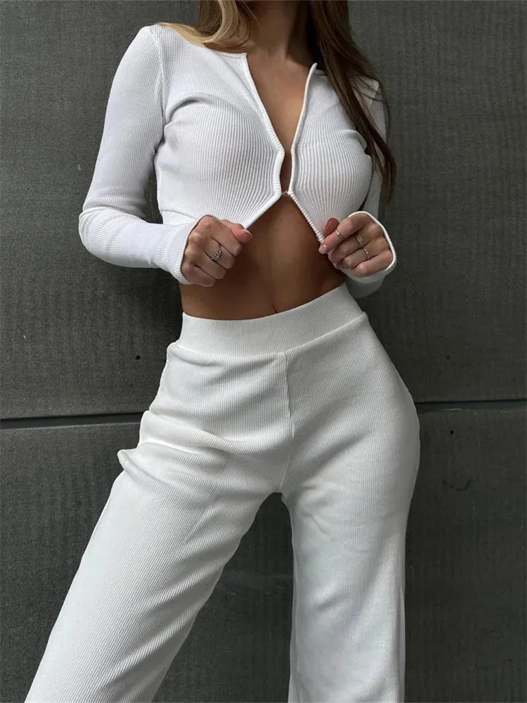 JuliaFashion - Long Sleeve Button Up T-shirts Crop Tops Wide Leg Pants Suits