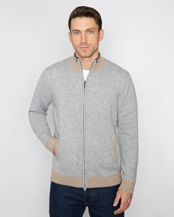 KINROSS CASHMERE - MENS CASHMERE PLAITED TRIM ZIP MOCK CARDIGAN