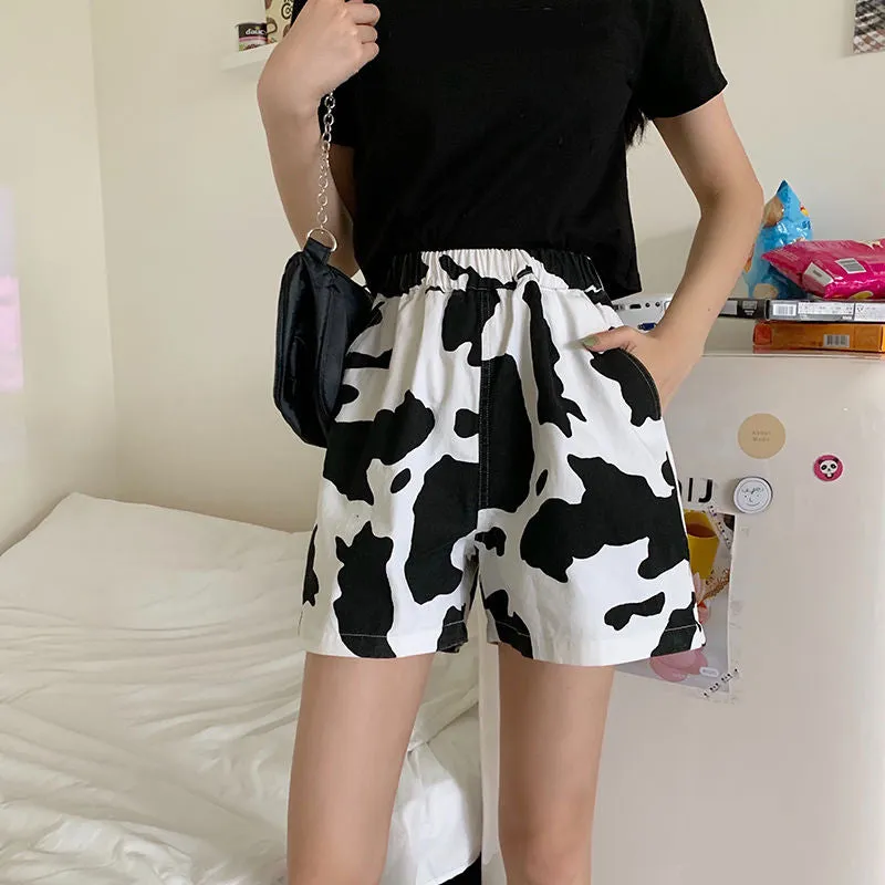 KittenAlarm - High Waist Cow Pattern Casual Shorts Pants