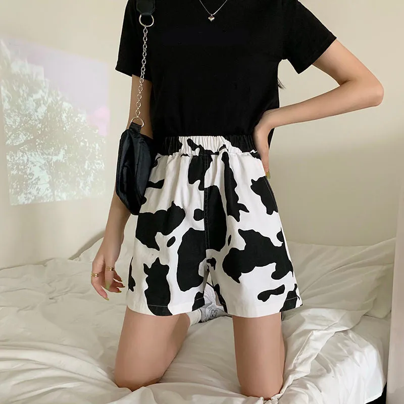 KittenAlarm - High Waist Cow Pattern Casual Shorts Pants