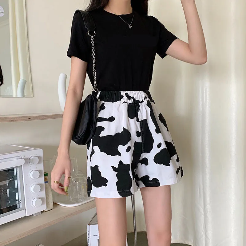 KittenAlarm - High Waist Cow Pattern Casual Shorts Pants