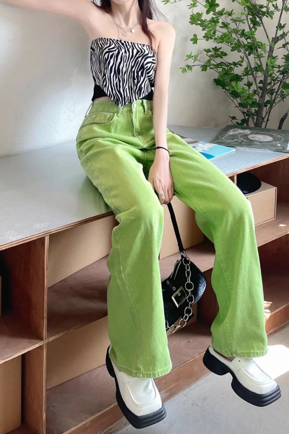 KittenAlarm - High Waist Vintage Green Long Jeans Pants