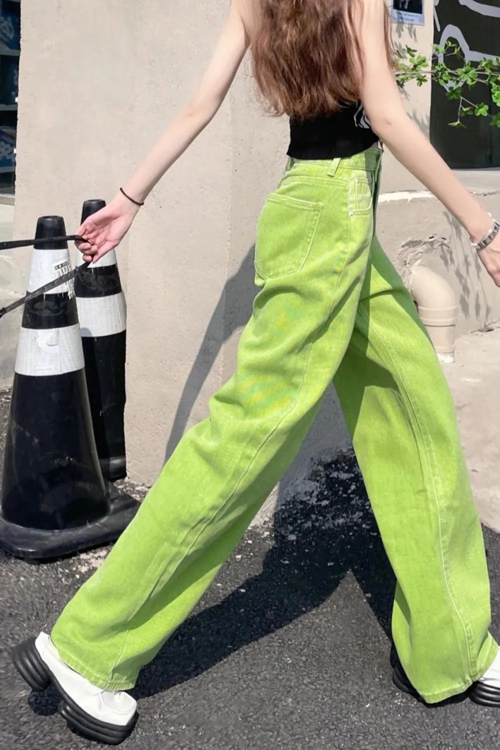 KittenAlarm - High Waist Vintage Green Long Jeans Pants