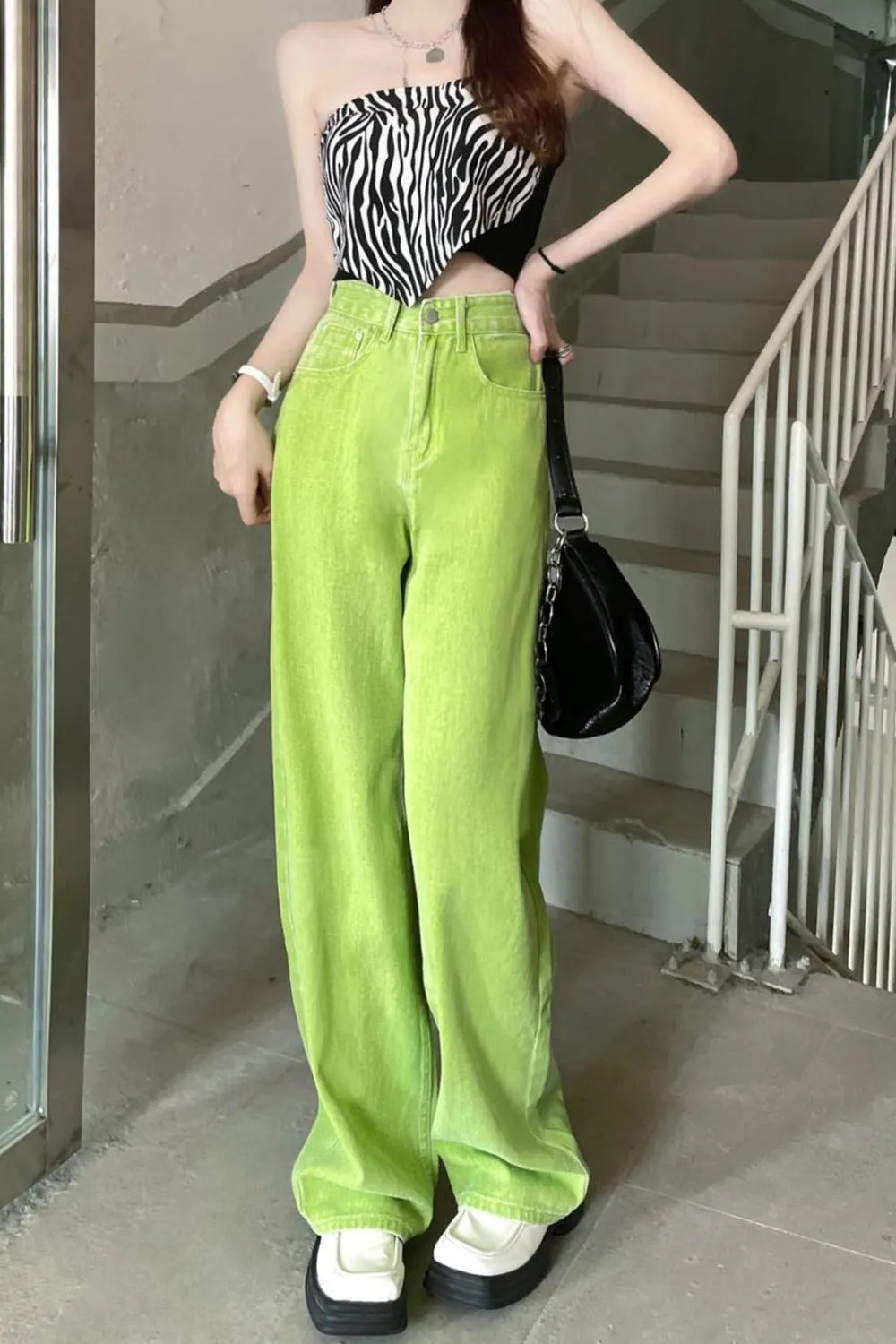 KittenAlarm - High Waist Vintage Green Long Jeans Pants