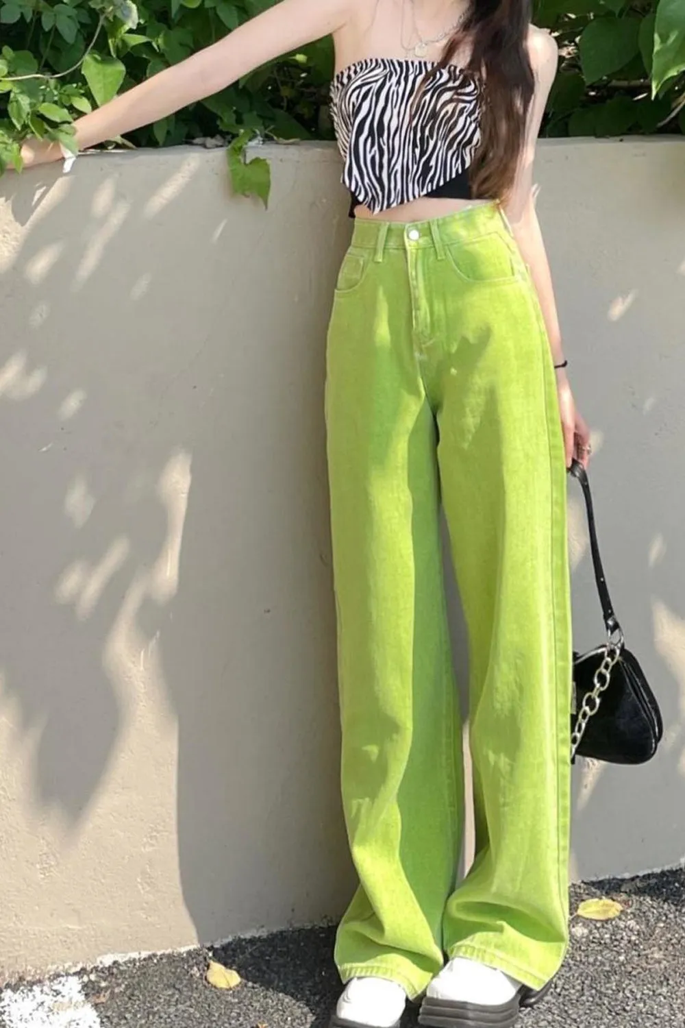 KittenAlarm - High Waist Vintage Green Long Jeans Pants