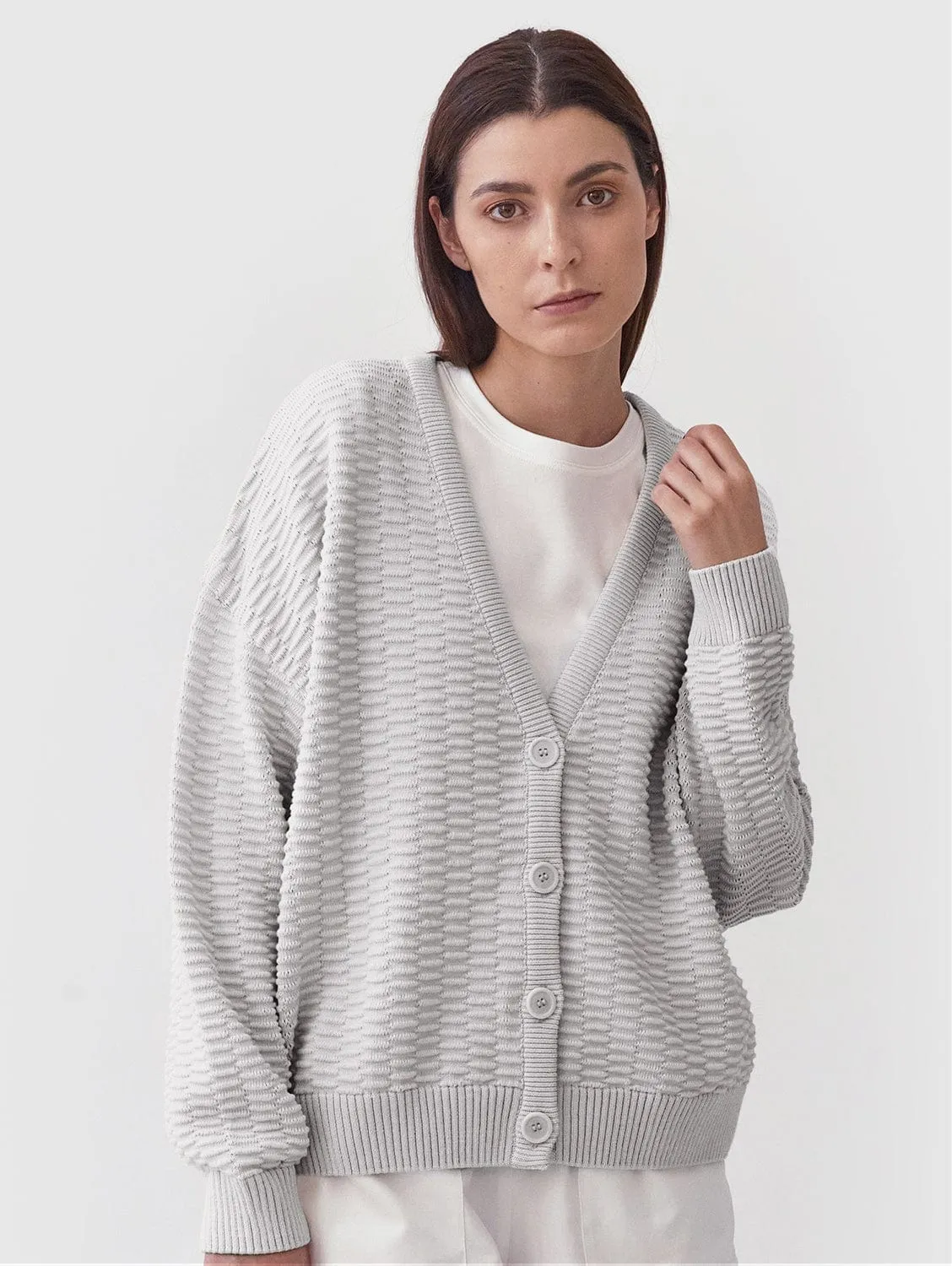 Knitted Organic Cotton Button Cardigan | Light Grey