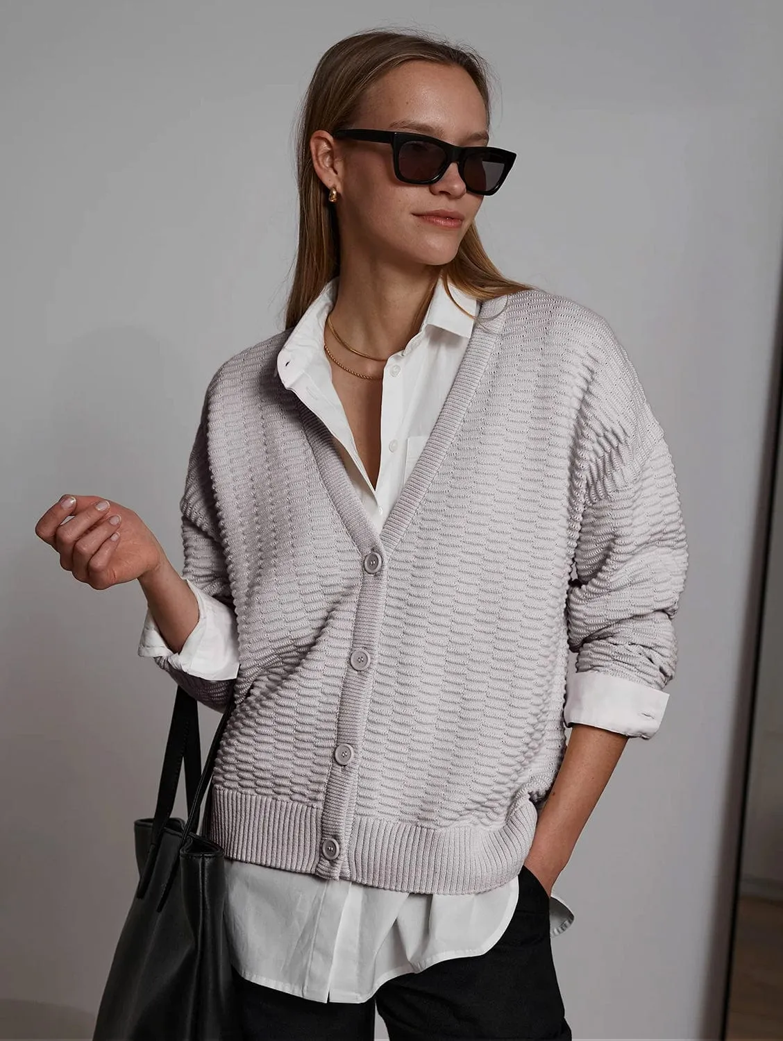 Knitted Organic Cotton Button Cardigan | Light Grey