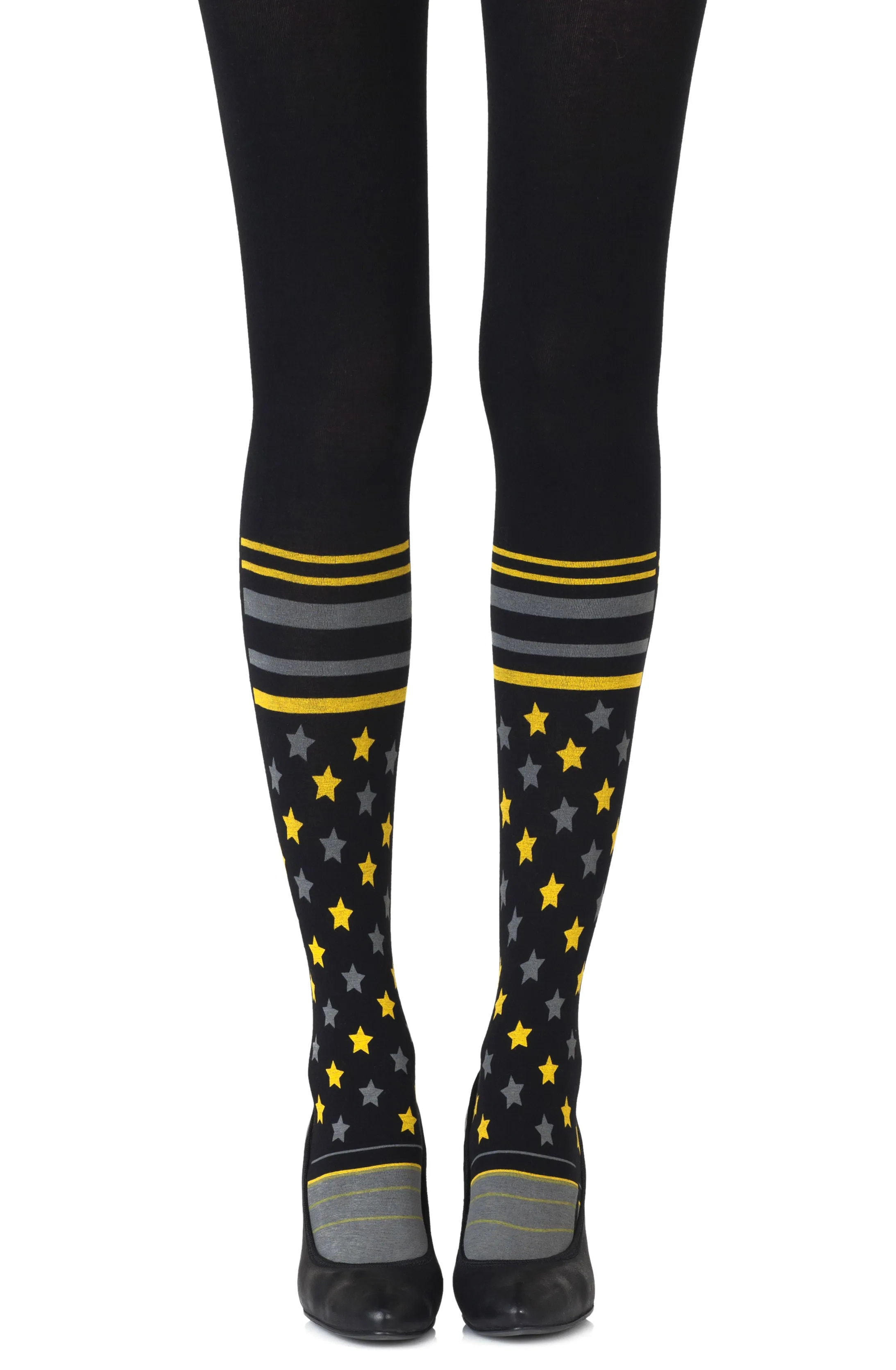 Ladies Fabulous Grey Yellow Stars Stripes Print 100 Denier Opaque Black Tights