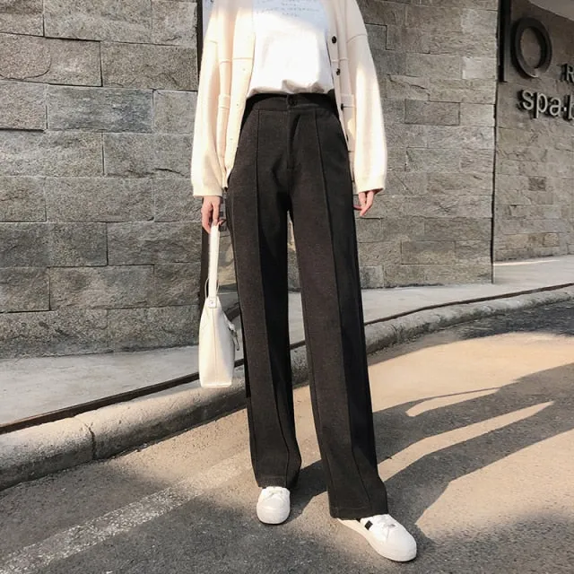 LANFUBEISI Falling Wide Leg Pants Women's Autumn and Winter New High Waist Straight Wool Pants Versatile Loose Casual Mopping Trousers