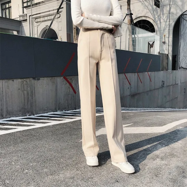 LANFUBEISI Falling Wide Leg Pants Women's Autumn and Winter New High Waist Straight Wool Pants Versatile Loose Casual Mopping Trousers