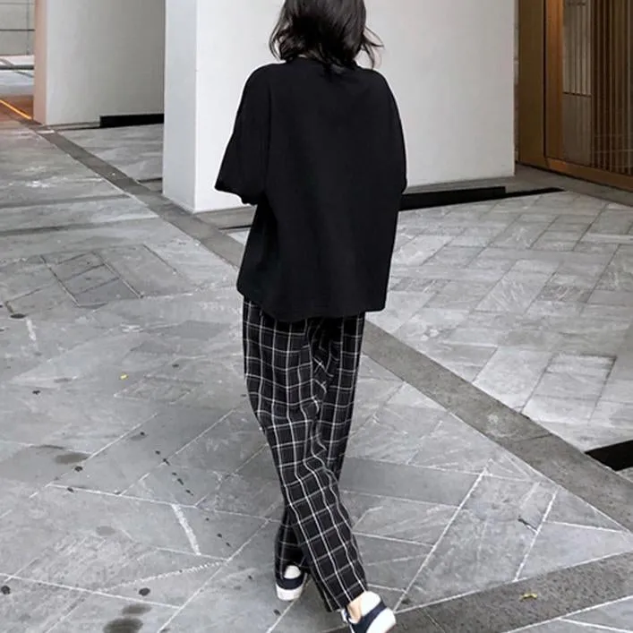 Letter Embroidery Sweatshirt   High Waist Plaid Pants