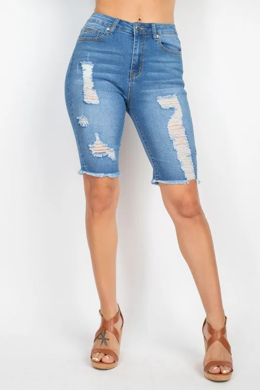 Light Denim Distressed Bermuda Shorts