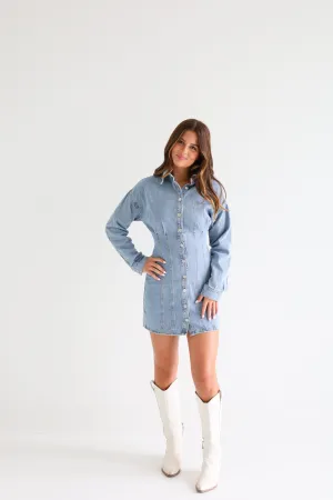 LONG SLEEVE PLEATED DENIM DRESS