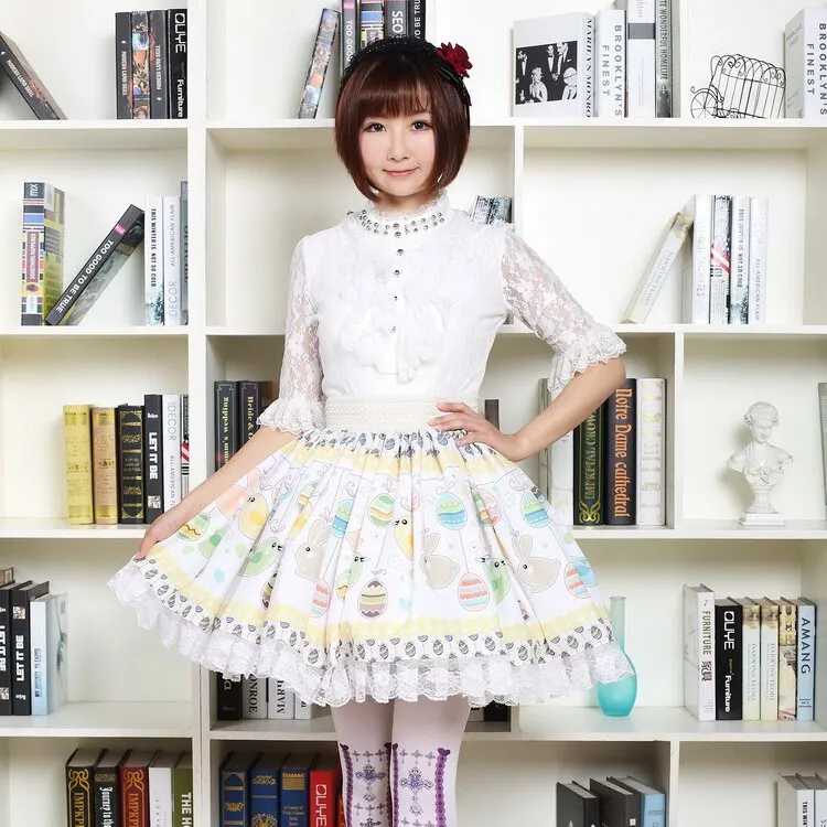 Lovely Mori Girl Skirt Cute Easter Eggs and Rabbits Printed Lolita Pleated Skirt with Lace Trimming