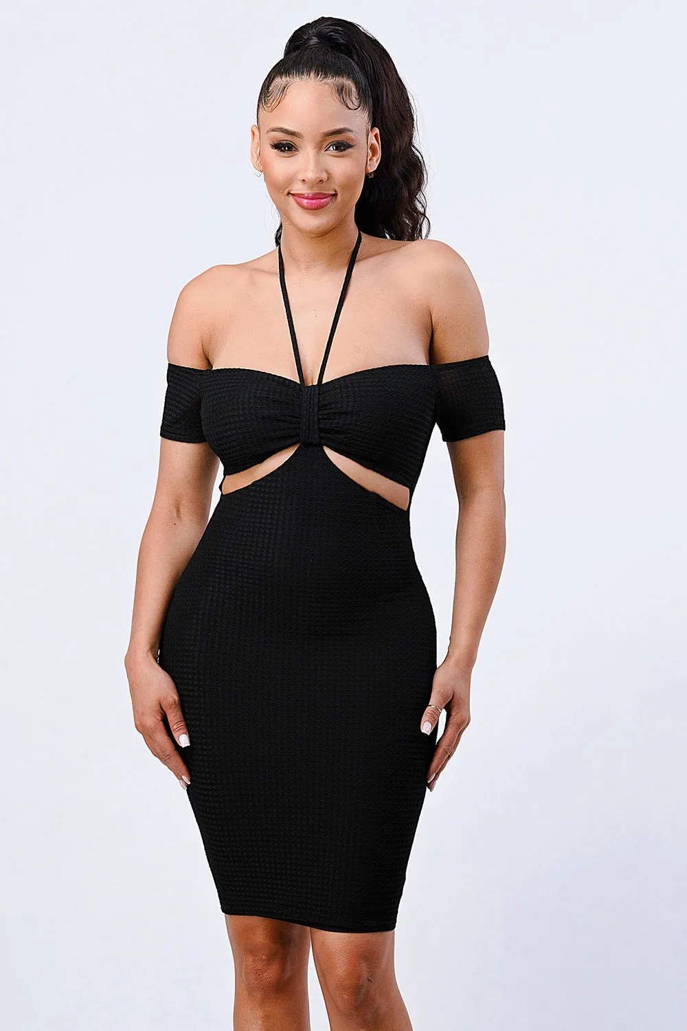 LUX HALTER NECK SIDE CUTOUT BODYCON DRESS