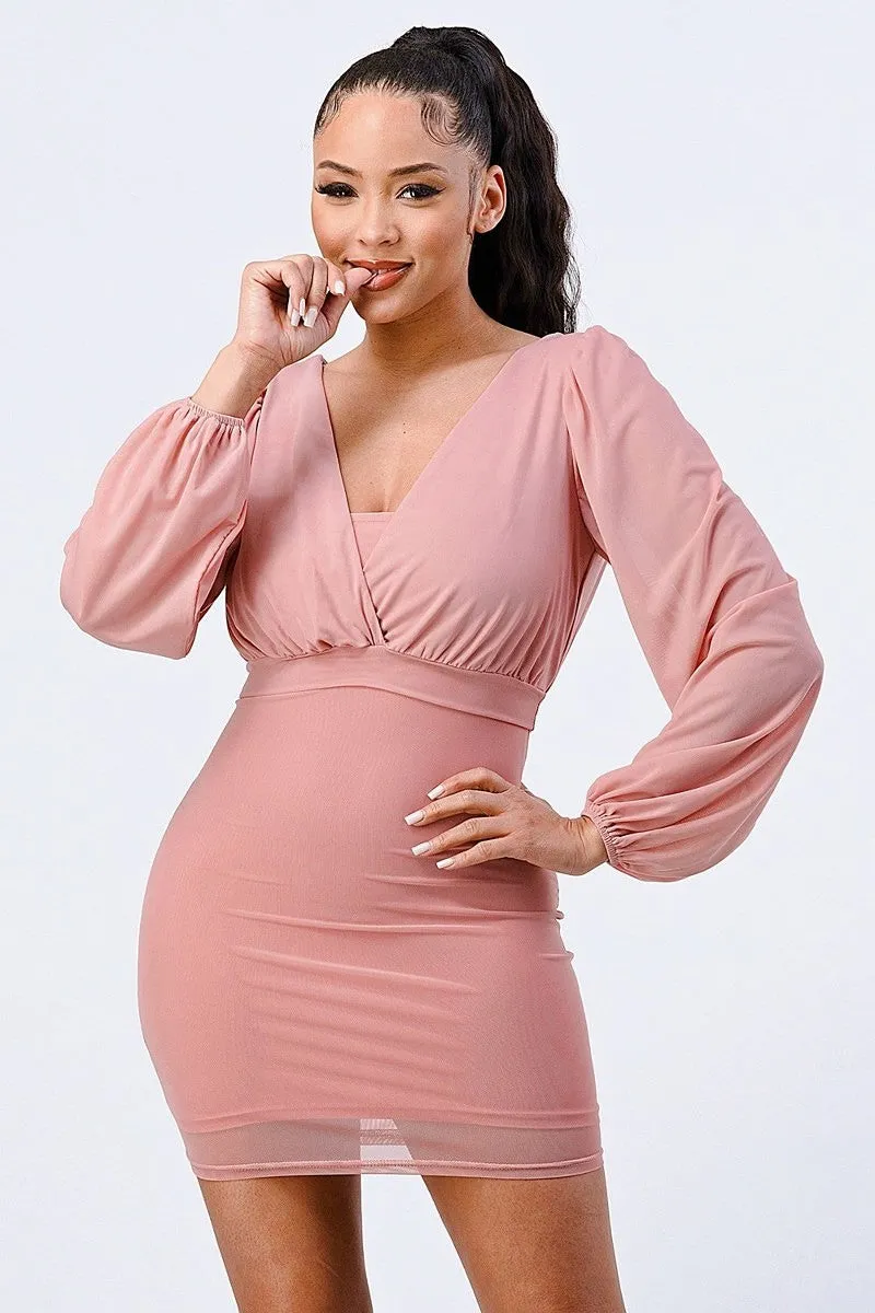 Lux Mesh Layered Lining V Neck Bubble Slv Bodycon Dress