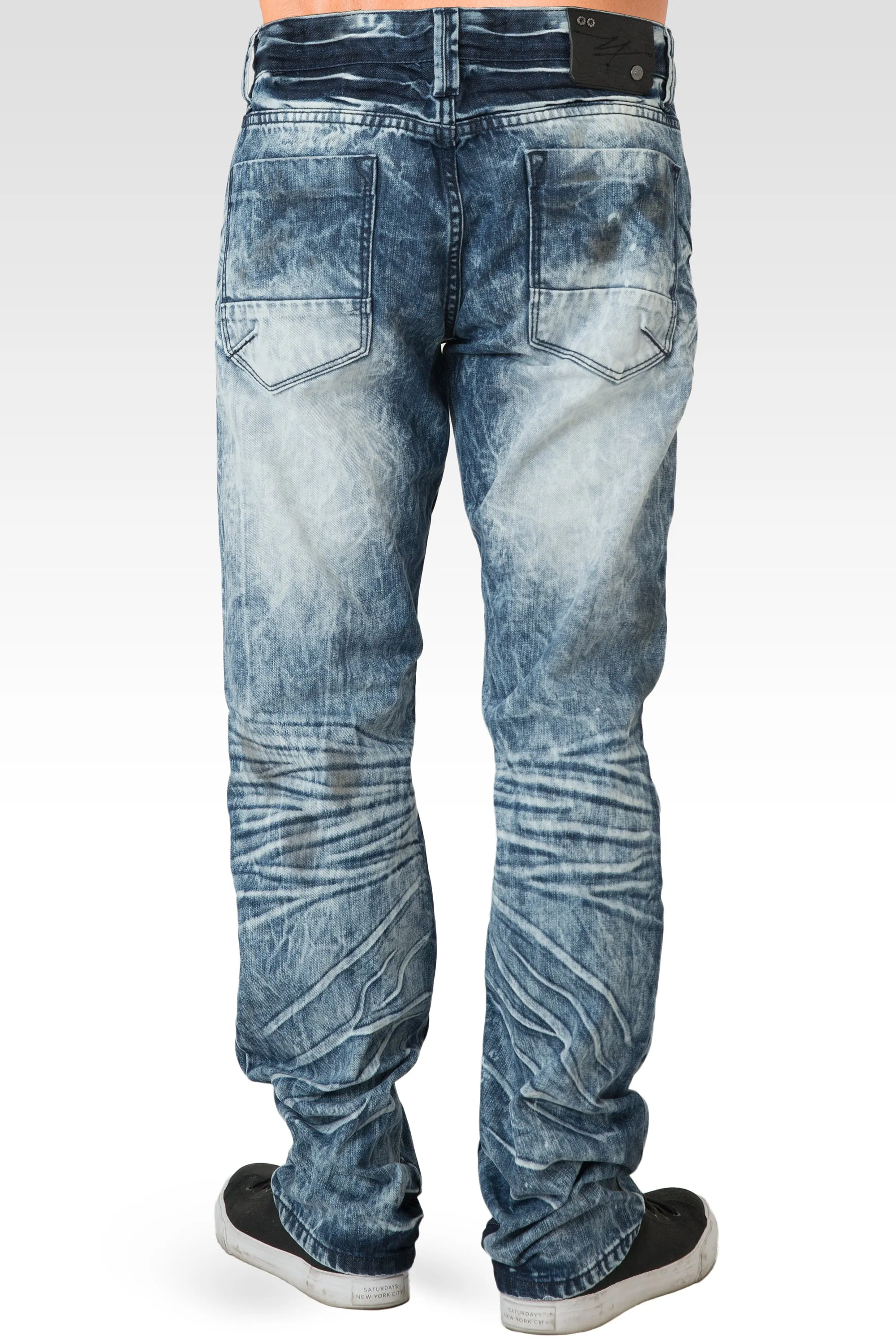 Mens Acid Washed Light Blue Oil Stain Premium Denim Jeans