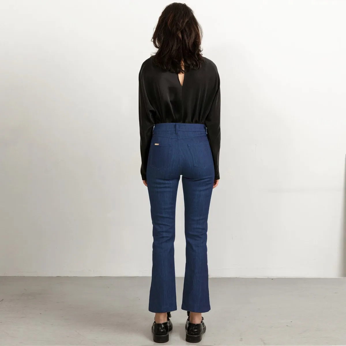 Mid Blue Flared Jeans With Matching Stitch Cropped