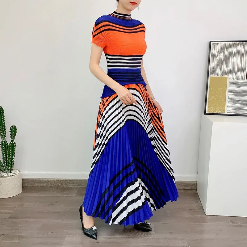 Miyake Pleated Striped Top and Long Skirt Set