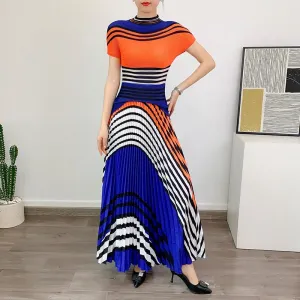 Miyake Pleated Striped Top and Long Skirt Set