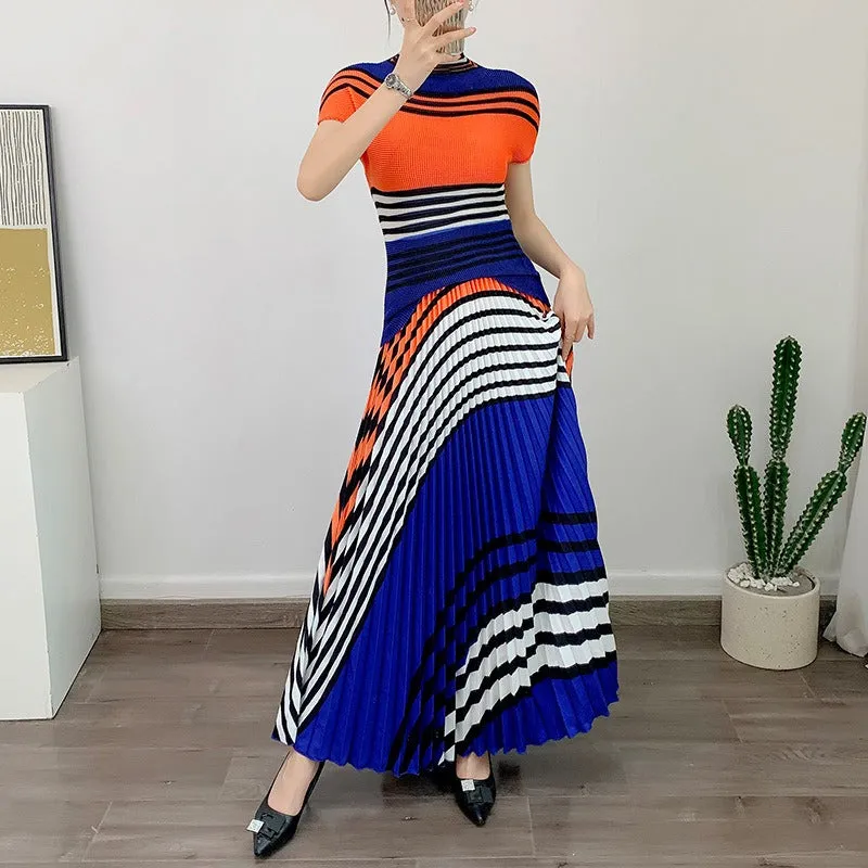 Miyake Pleated Striped Top and Long Skirt Set