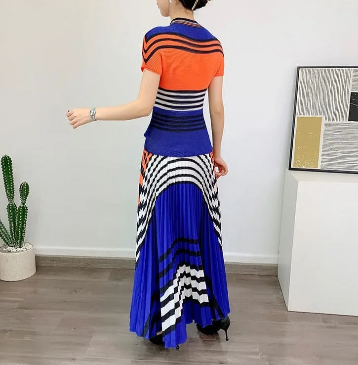 Miyake Pleated Striped Top and Long Skirt Set