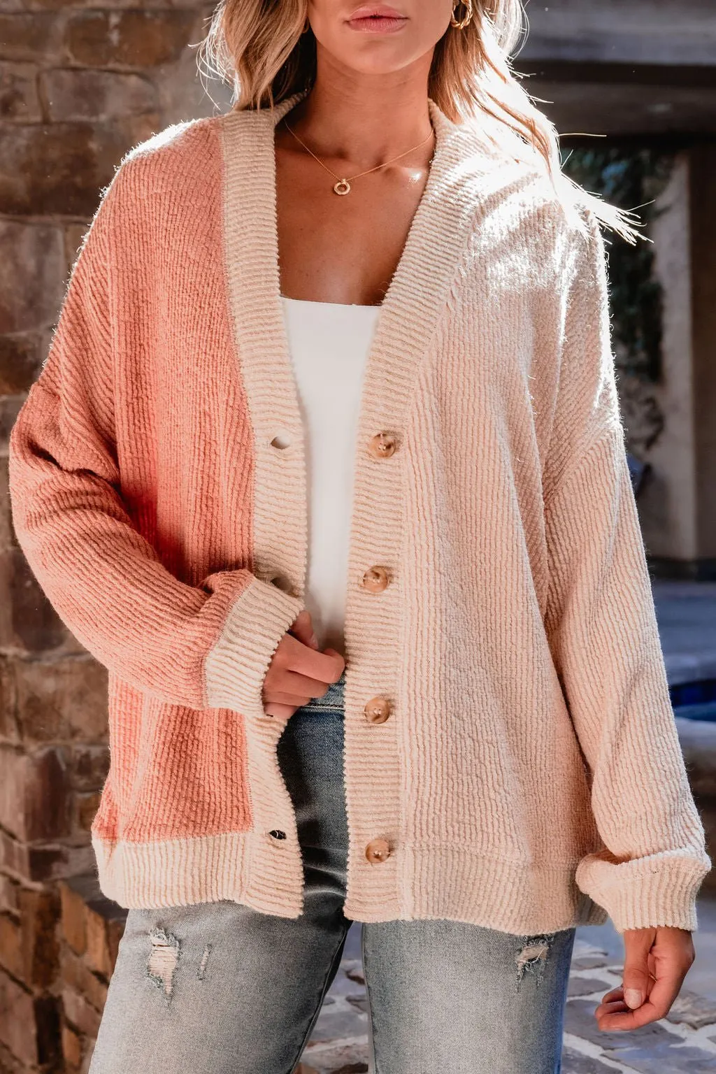 Multi Pink Color Block Button Down Cardigan