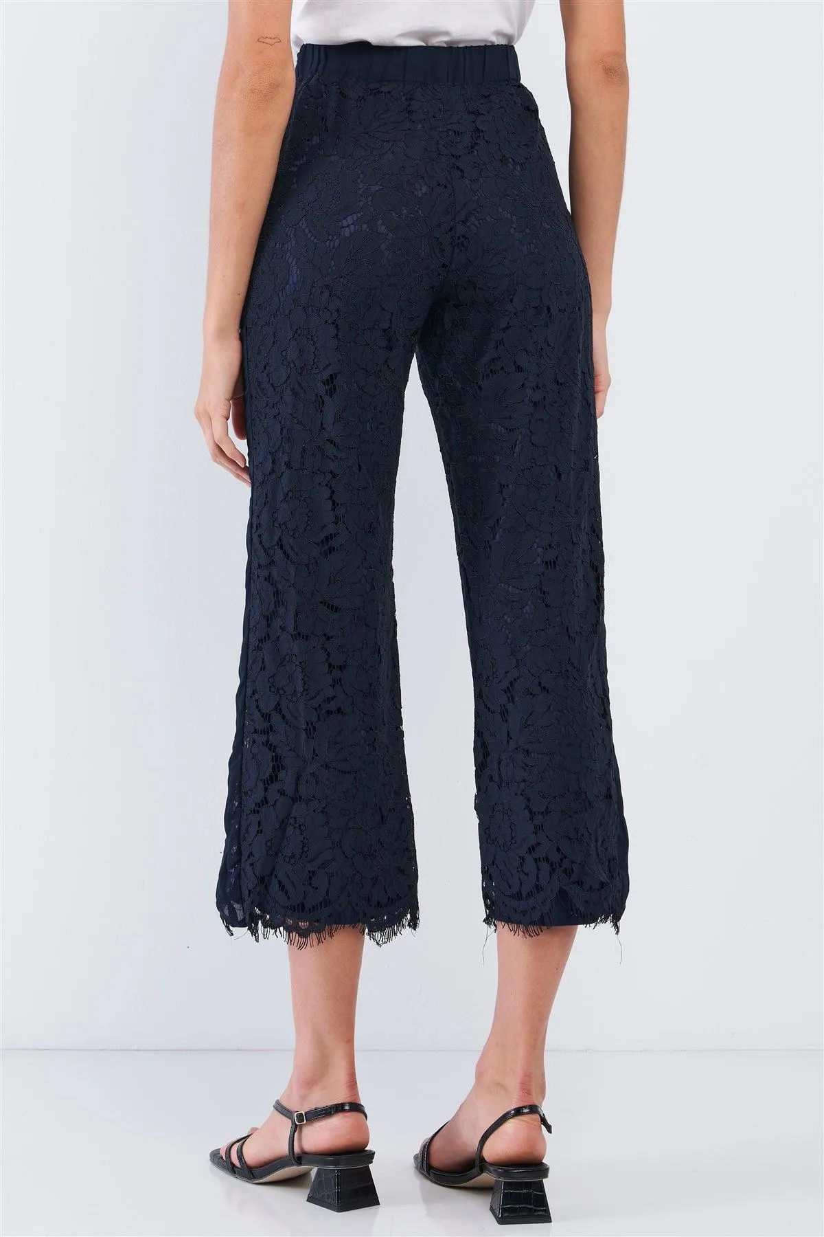 Navy Lace Embroidery High Waist Summer Capri Pants /3-3-2