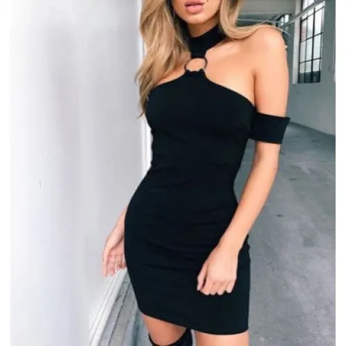 Off Shoulder Metallic Ring Front Halter Cut Out Bodycon Dress